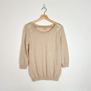 Beth Bowley 100% Cashmere Sweater Golden Sequin Detail Small Tan